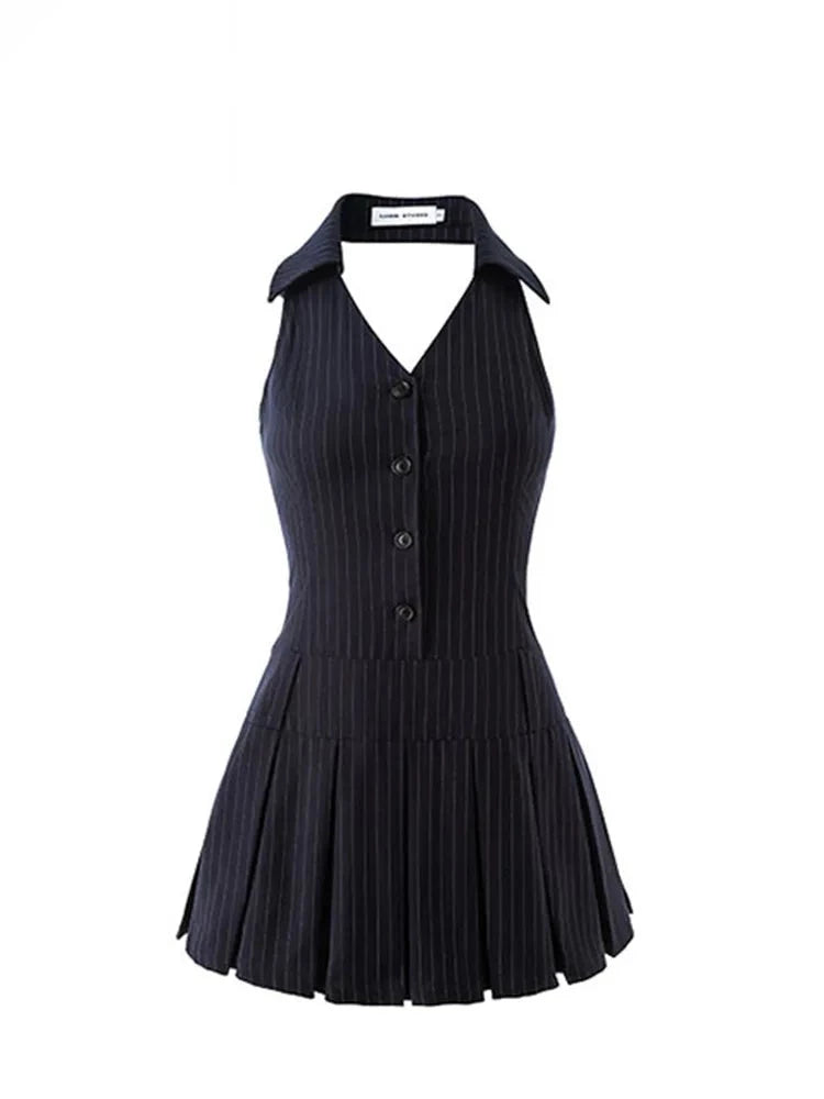 Summer Women Mini Halter Party Pleated Dress Backless Black Striped V Neck Frocks Sexy Streetwear Prom