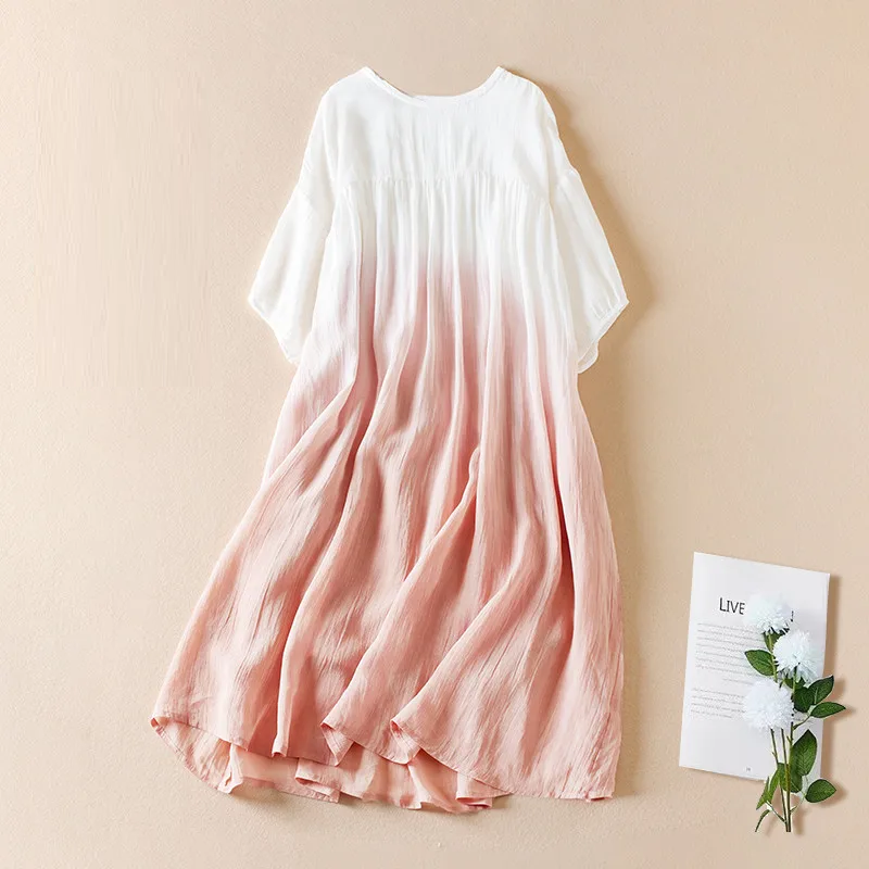 Women Spring Summer Ramie Dress Gradient Design Loose Long Dresses Female Cotton