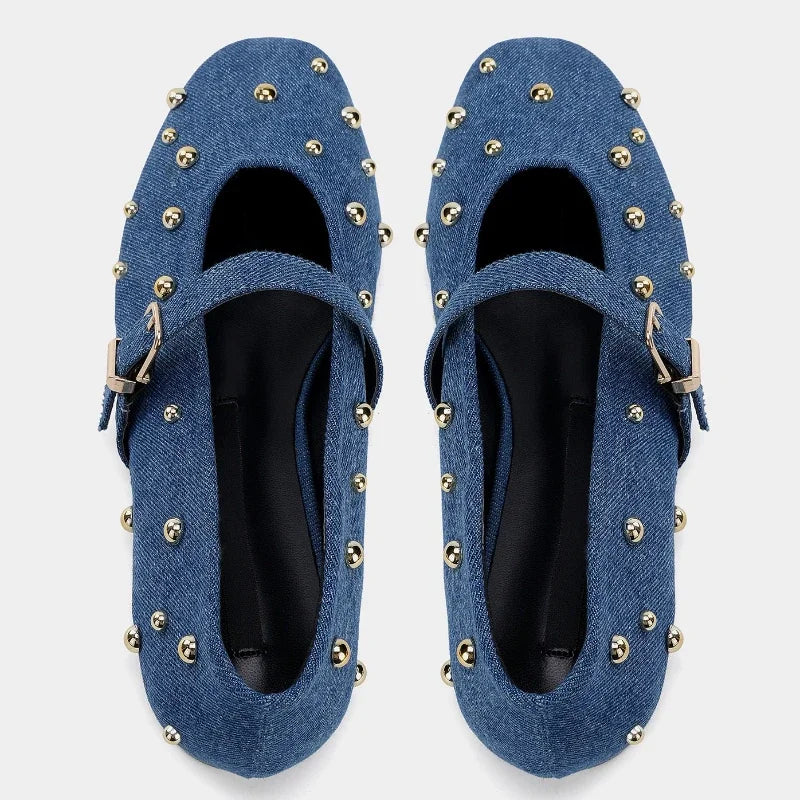 Denim Ballet Flats Women Round Toe Metal Rivets Shoes Buckle Mary Jane Shoe