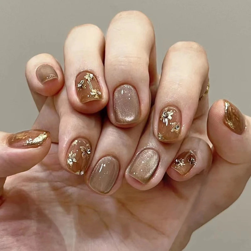 Glitter Butterfly Gold Edge White French Nail Art Shiny False Nail Detachable Finished Fake Nails Press on Nails