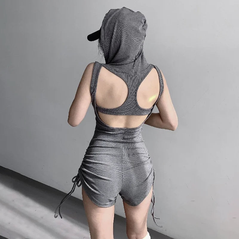 Sleeveless Jumpsuit Shorts Women Spring Summer Slim Fit Drawstring Shorts Hooded Playsuit