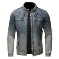 Men Rivet Denim Jacket Casual Biker Coat Stand Collar Gradient Color Retro Outerwear
