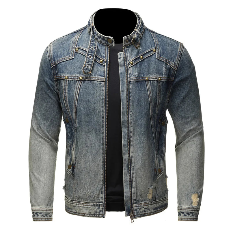 Men Rivet Denim Jacket Casual Biker Coat Stand Collar Gradient Color Retro Outerwear
