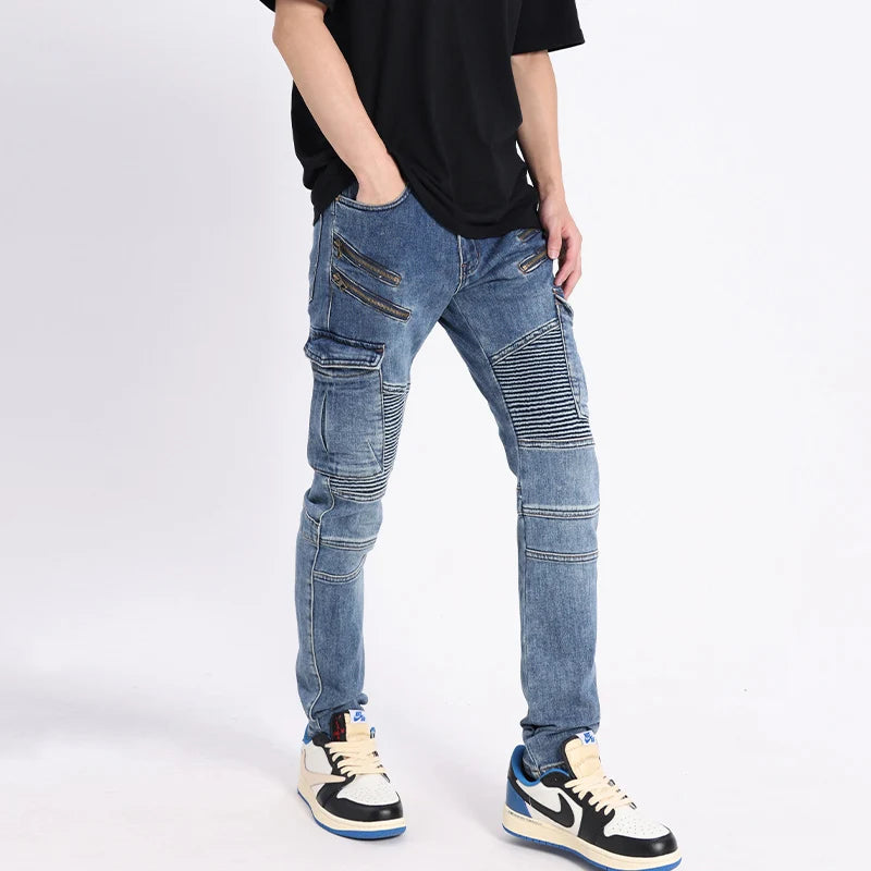 Men Jeans Retro Blue Spliced Patched Elastic Slim Fit Biker Jeans Men Zipper Designer Cargo Pants