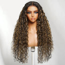 Lace Golden Blonde Balayage Highlights Water Wave Human Hair Wig With Drawstring Glueless Wig Ready To Wear