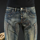 Jeans for Men Motorcycle Slim Fit Trousers Straight Retro Casual