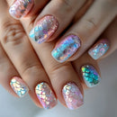 Nails with colorful, iridescent design on a neutral background, Obroi