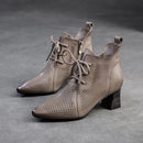 Women Boots Retro Summer Hollow Heels Natural Leather Ankle Breathable Shoes