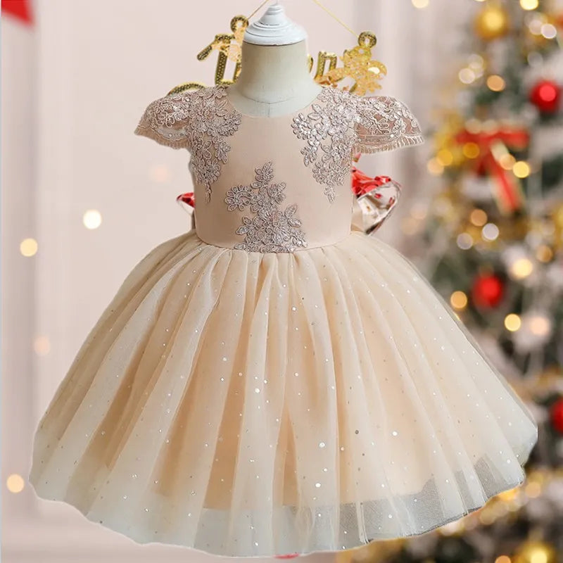Champagne Bow Dress for Baby Girl Flower Lace Princess Prom Gown Tulle Tutu Birthday Formal Dress