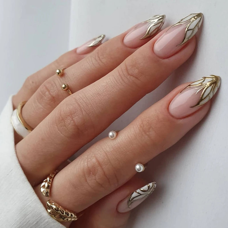 Women Girls Medium Almond Stripes Full Coverage Wearable Press on Nail Art