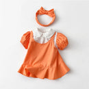 Casual Baby Dress Peter Pan Collar Infant Clothes Girls Clothing with Hairband Orange