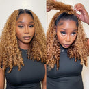 A split-screen collage showing a woman modeling a long, curly wig with warm brown and golden blonde tones. The right panel shows hands lifting a section of the hair to demonstrate texture and hold, Obroi