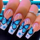 24pcs Blue Gradient Press on Nails Finished Golden Flower Coffin False Nail Tips Long Ballet Fake Nail with Pearl