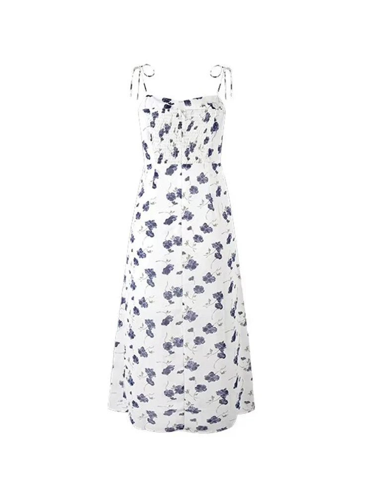 Women Sweet Floral Split Midi Dress French Square Collar Slim Backless Chic Party Dresses