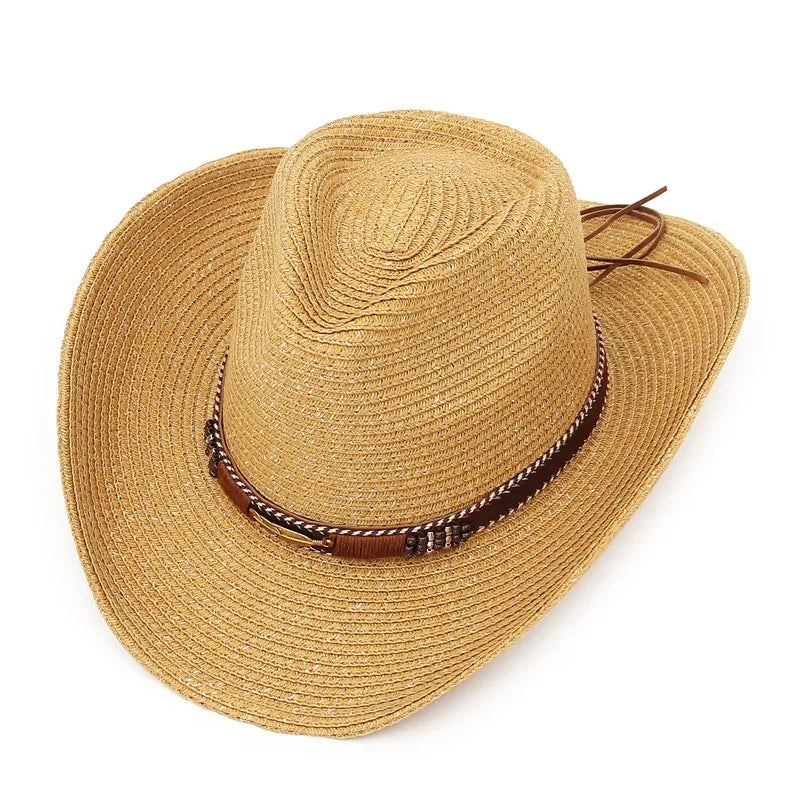 Western Hat Sun Hat For Men Summer Hats For Women Lady Straw Hat With Alloy Feather Beads Beach Cap Panama