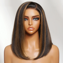 Golden Brown Highlights Straight Bob Wig With Drawstring Wear Glueless Human Hair Wig