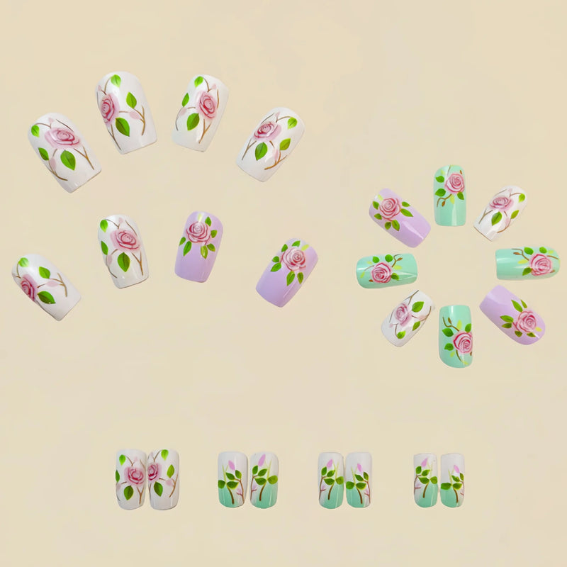 24pcs Short Square Fake Nails Press On Removable False Nails with Pattern Nail Art Elegant