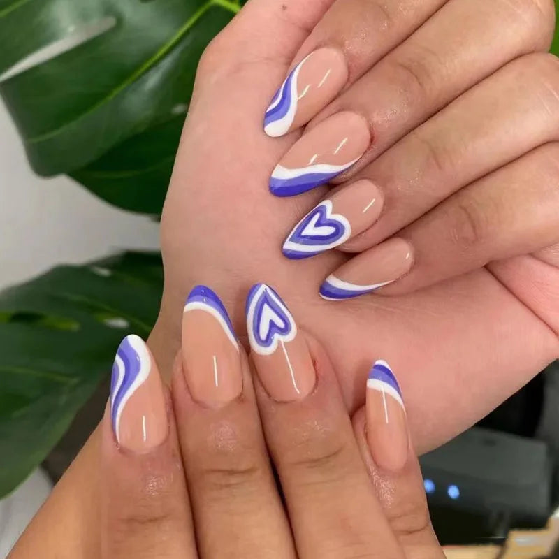 24Pcs Wave Pattern Designs Nails Tips Art Short Oval Sweet Simple Stripe Reusable Nail Stickers Full Cover Press Ons