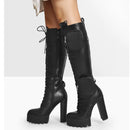 Women  Platform Black Matte Side Zip Front Lace-Up Knee High Boots Big Size Lady midClassic Long Winter Boots