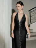 Evening Glamour Black Halter Crystal-Embellished Fringe Backless Midi Dress Gown