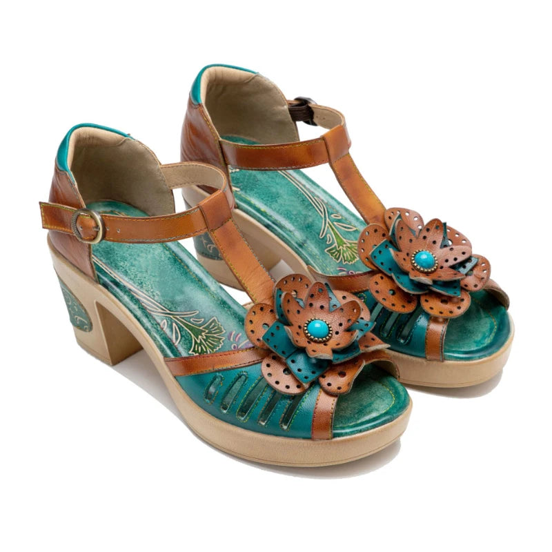 Women Luxury Medium Heel Sandals 5cm Leather Summer Heels Hollow Pumps