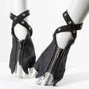 Black fingerless gloves with ankle straps and silver metal grommets, displayed on white mannequin feet against a white background, Obroi