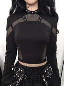 Spring And Autumn Punk Halloween Hollow Out Tops Mesh Patchwork T-Shirts Clothes Women