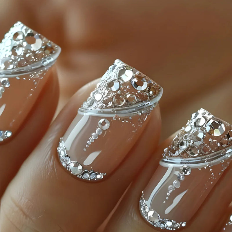 24Pcs Glitter French Press on Nails Short Square Acrylic False Nails with Flower Diamonds Sweet Cool Black Fake Nails