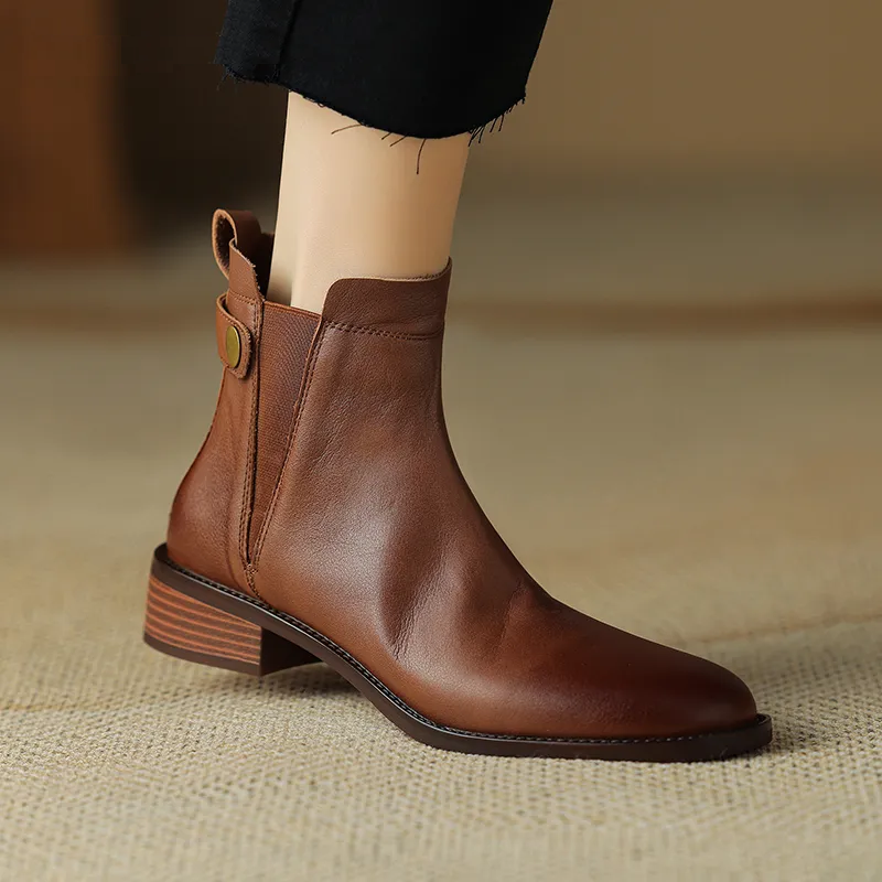 Winter Women Boots Chelsea Boots Round Toe Women Shoes Genuine Leather Ankle Boots Retro Brown Real Leather