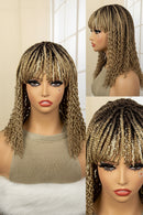 Three-panel product view of a long curly wig with straight bangs on a mannequin. The large left panel shows the front view, the top-right panel shows the side view, and the bottom-right panel shows a close-up of the hair texture, Obroi