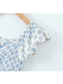 Spring Summer Vintage Casual Elastic High Waist Slim Flying Sleeves Square Neck Mini Short Dress Woman