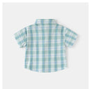 A short-sleeve plaid button-up shirt shown from the back, featuring a pattern of light blue, mint green, and white plaid on a light gray background, Obroi