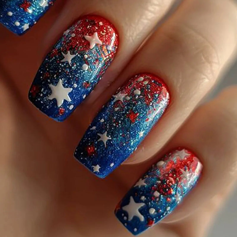 24pcs Red Blue Gradient Fake Nails Long Ballet Press On Acrylic Nails False Nails