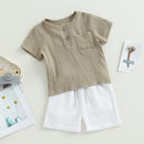 Toddler Infant Baby Boy Girl Summer Clothes Solid Cotton Linen Short Sleeve Button Up T-Shirt Elastic Shorts Set 2Pcs Outfits