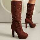 Brown knee-high platform boots with pearl embellishments on a neutral background, Obroi