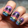 Nails with tropical design featuring palm trees and sunset, Obroi