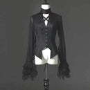 Obroi Black Victorian-style jacket with lace sleeves on a mannequin against a dark background