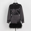 spring Women Dress Feathers Patchwork Long Sleeves Shirt Dresses Black Purple Vintage Sexy Autumn Women
