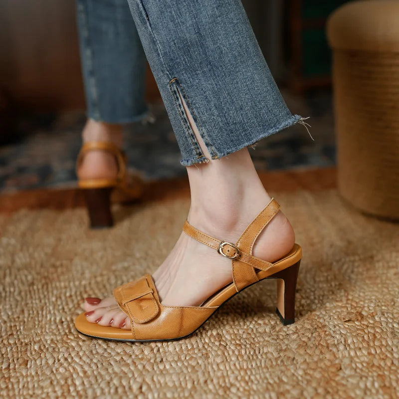 Vintage Leather Sandals Ladies Buckle Summer Sandals Thick High Heels Slingbacks Women Sandals