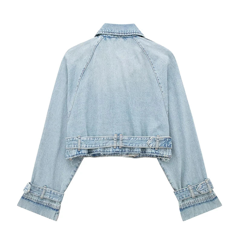 Women With Belt Short Denim Trench Coat Vintage Long Sleeve Lapel Collar Female Crop Outerwear