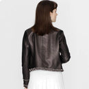 Handmade rivets genuine leather leather jacket women's short round neck lady slim fit