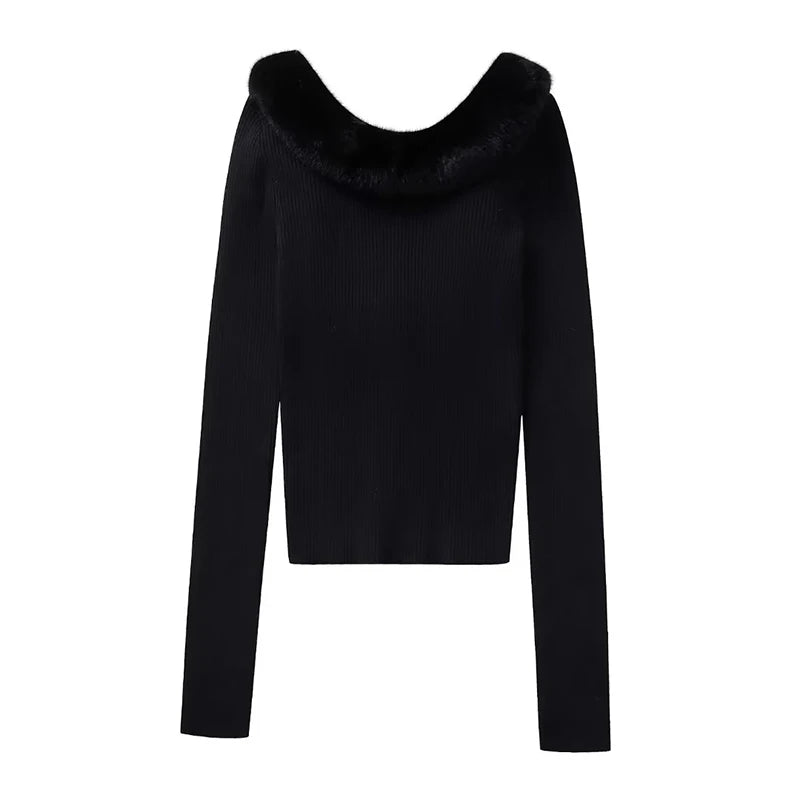 Fur Collar Women's Sweater Knitted Pullovers Sweaters Autumn Knitwears Long Sleeve Top