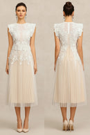 A woman modeling a sleeveless midi dress shown from the front and back against a light beige textured studio background. The dress has a white floral lace bodice with sheer mesh panels and a soft blush-beige tulle skirt, Obroi
