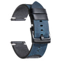 Blue leather watch strap with black buckle on a white background, Obroi