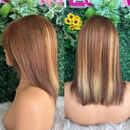 Highlight Blonde Brown Short Straight Human Hair Wigs With Bangs For Women Hair Glueless Wigs Human Hair