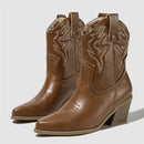 Embroidery Pointed Toe Ankle Boots Women Punk Square Heels Short Western Booties Shoes