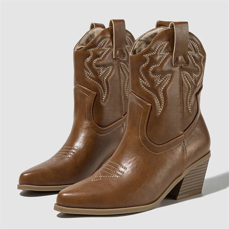 Embroidery Pointed Toe Ankle Boots Women Punk Square Heels Short Western Booties Shoes