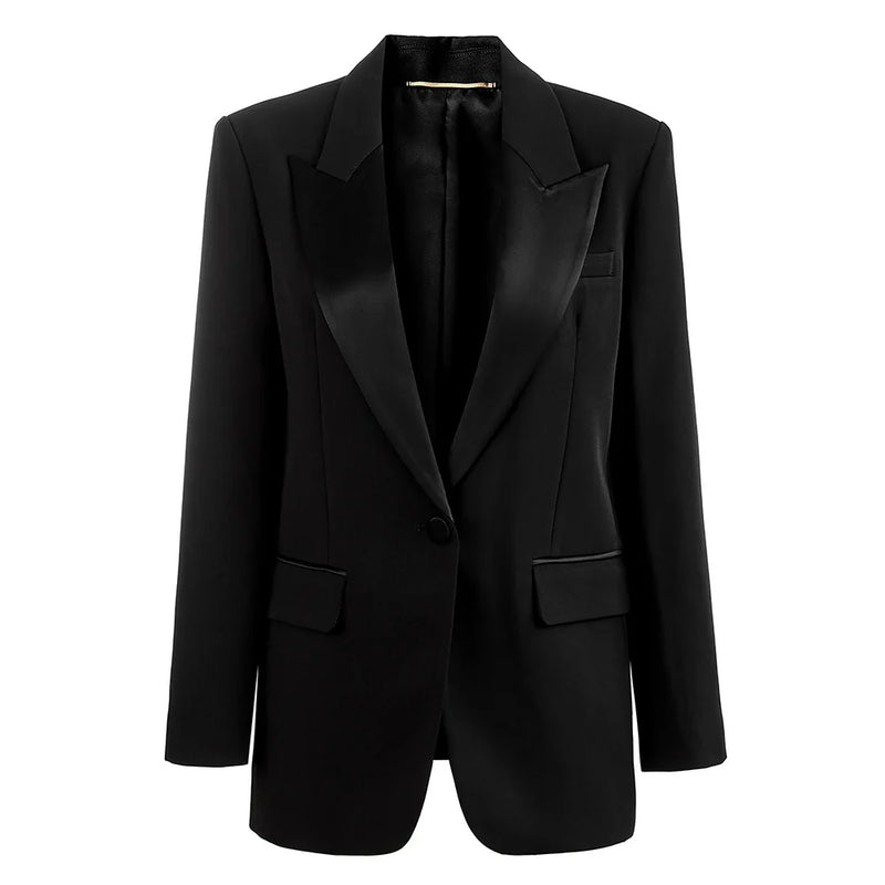 Minimalist Office Blazer for Women Notched Collar Spliced Single Button Loose Jacket Female