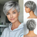 Woman with short gray hair, shown from front, side, and back views, Obroi