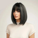 Wig Medium Length Linen Brown Hair Highlighted Mixed Color Bobo Short Hair Shoulder Straight Bangs Wigs